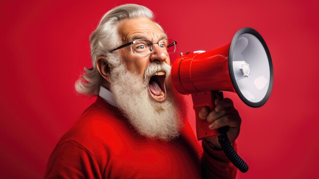 Foto Último homem gritando em um alto-falante isolado em fundo vermelho