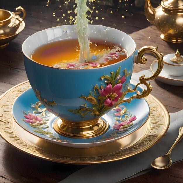 ultra-detaillierte Ansicht einer Teetasse und fantastischer Flüssigkeits-Splash 3D-Rendering farbenfroher Design
