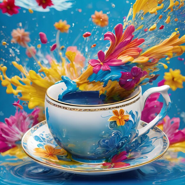 ultra-detaillierte Ansicht einer Teetasse und fantastischer Flüssigkeits-Splash 3D-Rendering farbenfroher Design