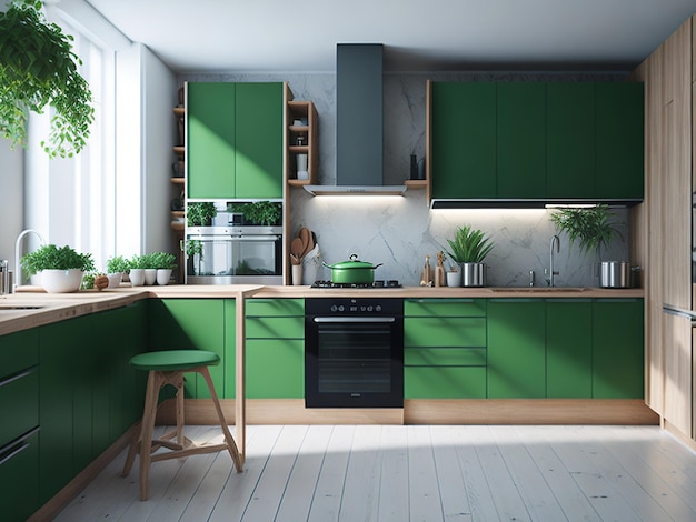 Ultra fotorealistische moderne Küche aus Holz und Grün