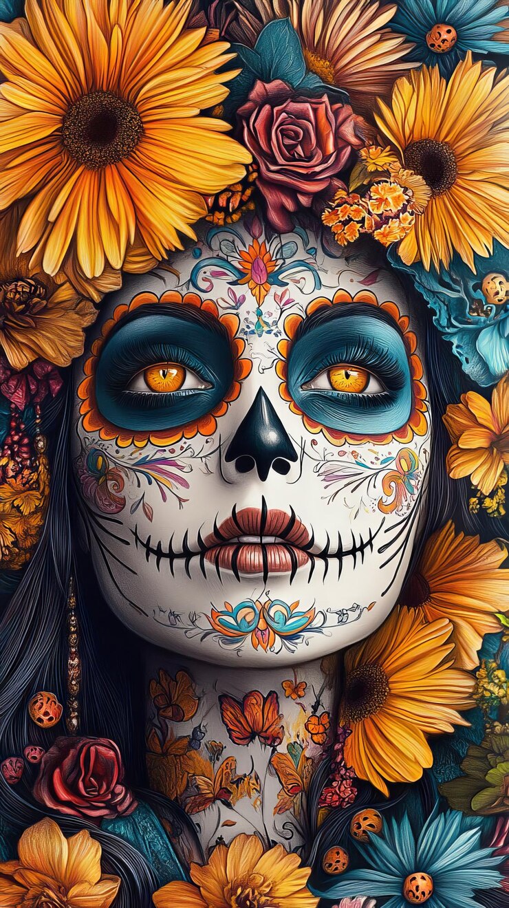 ultra fotorrealista ilustración a lápiz de colores hermosa La Catrina cráneo de azúcar dia de los muertos
