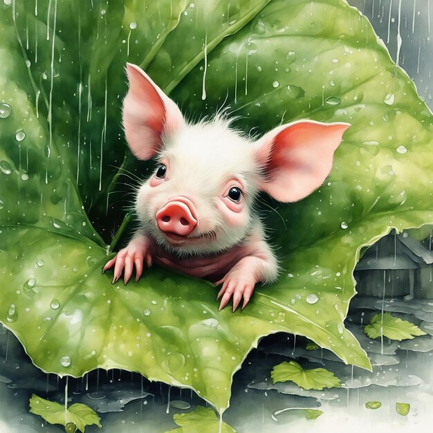 Ultra Hd Pintura de acuarela detallada Jean Baptiste Monge Style Super Cute Piglet Escondido