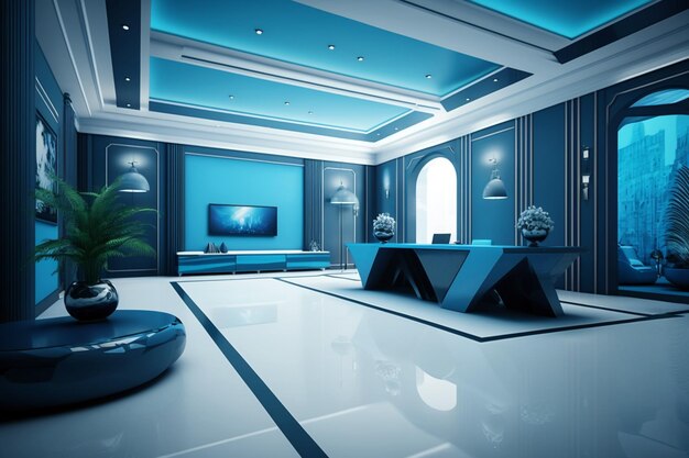 Ultra-moderne blaue Lobby mit futuristischem Sofa und Möbeln