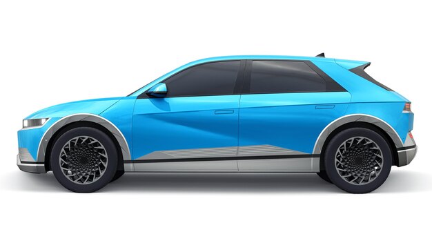 Ultra progressiver Elektro-SUV mit Fließheck für Menschen, die Technologie lieben Blaues Auto auf einem weißen, isolierten Hintergrund 3D-Darstellung