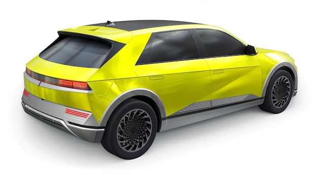 Ultra progressiver Elektro-SUV mit Fließheck für Menschen, die Technologie lieben Gelbes Auto auf einem weißen, isolierten Hintergrund 3D-Darstellung