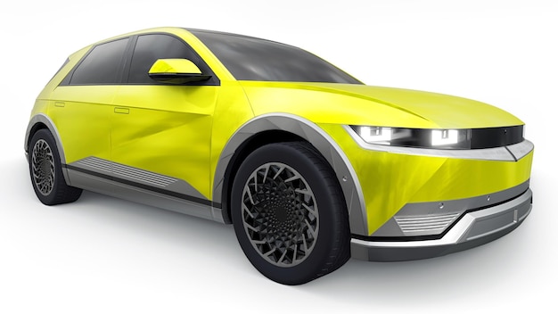 Ultra progressiver Elektro-SUV mit Fließheck für Menschen, die Technologie lieben Gelbes Auto auf einem weißen, isolierten Hintergrund 3D-Darstellung