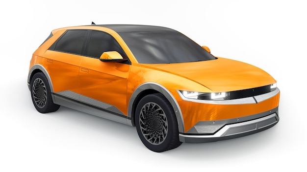 Ultra progressiver Elektro-SUV mit Fließheck für Menschen, die Technologie lieben Orangefarbenes Auto auf einem weißen, isolierten Hintergrund 3D-Darstellung