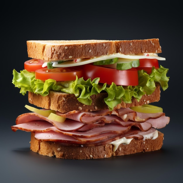 Ultra-realista 4k sanduíche de presunto, carne bovina, bacon e queijo com fundo preto