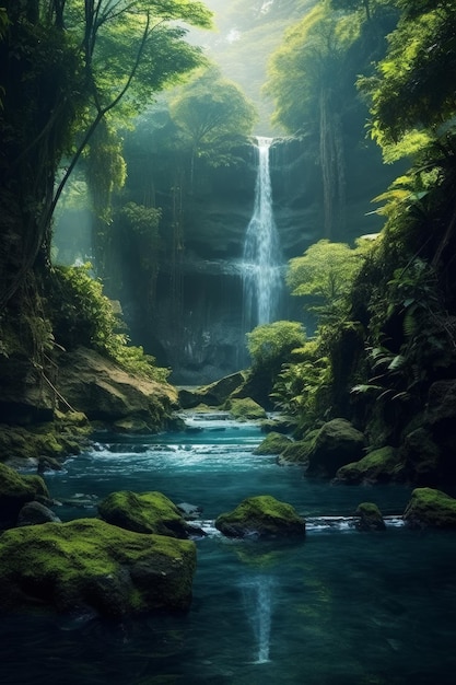 Ultra realista cascada en la selva en el estilo de 8k 3d criaturas místicas y paisajes verde oscuro y azul sony a7r 3 ultra agudo ar 23