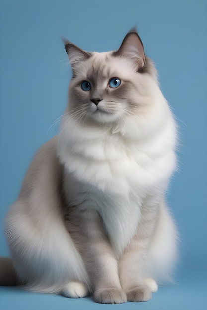 Ultra realista e detalhado gato ragdoll tiro sincero em fundo azul de corpo inteiro em estúdio ultra H