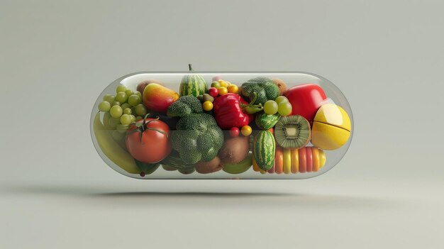 Foto ultra-realistische 3d-rendering einer pille, die mit verschiedenen früchten und gemüse gefüllt ist, auf grauem hintergrund
