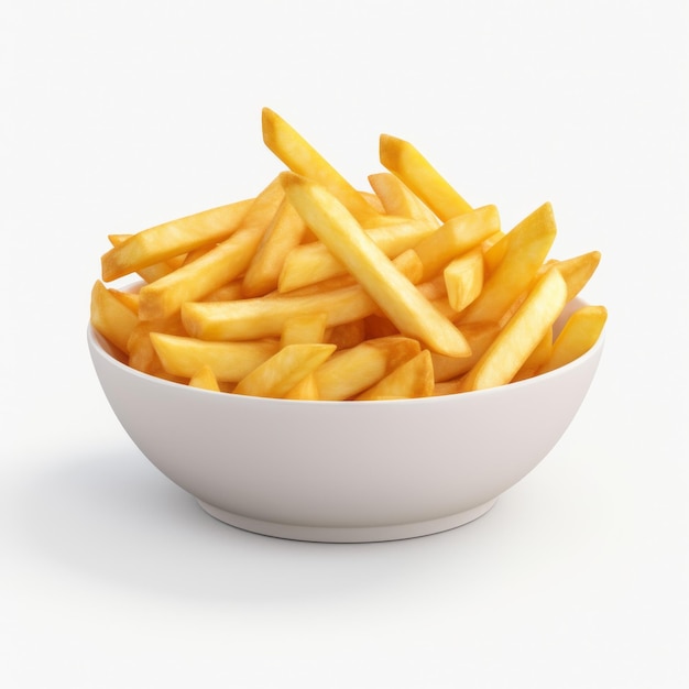 Ultra-realistische 4K Pommes Frites in einer Schüssel auf weißer Oberfläche