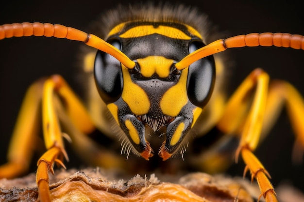 Ultradetaillierte Makroaufnahme einer europäischen Wespe, die ihre komplizierten Muster und Merkmale zeigt