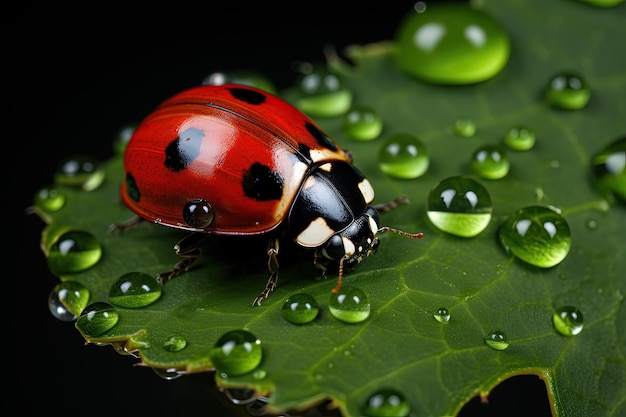 Ultradetaillierter Marienkäfer auf einem grünen Blatt mit einem realistischen dunklen Hintergrund und Regentropfen mit der Natur