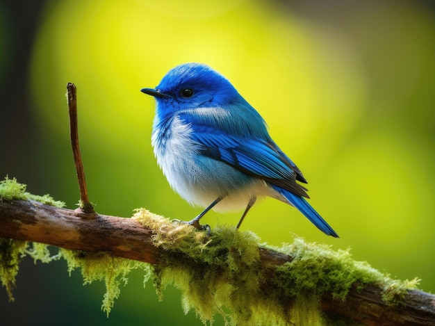 Ultramarine Flycatcher sentado em um galho contra um fundo verde