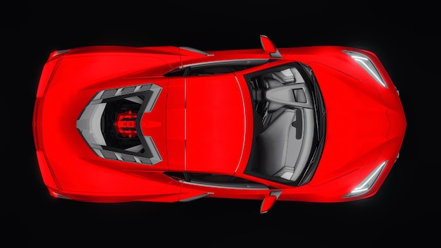Ultramoderner roter Supersportwagen mit Mittelmotor-Layout auf schwarzem Hintergrund 3D-Darstellung