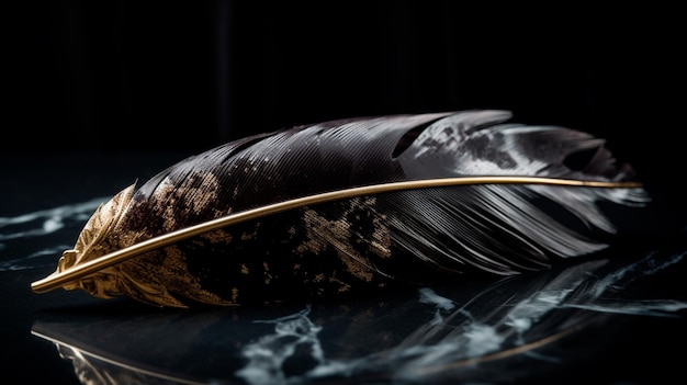 Foto ultrarealistische schwarze marmorfeder mit goldenen texturen und dynamischer beleuchtung durch generative ki