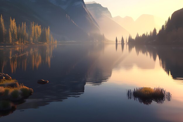 ultrarealistische Szene eines Sees bei Sonnenaufgang mit dem frühen Morgenlicht