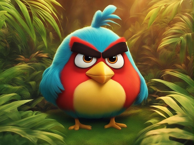Um 3d Um pássaro zangado redondo e colorido, isolado em um fundo limpo e desfocado da selva