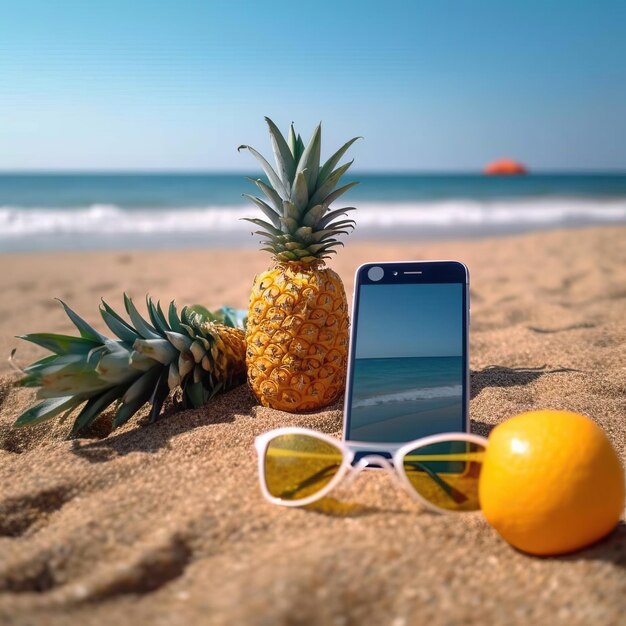 um abacaxi e óculos de sol estão na praia