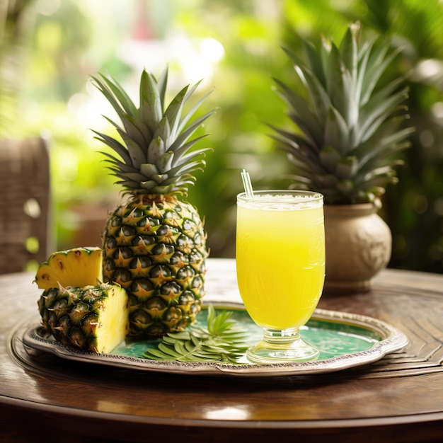 Foto um abacaxi e um copo de suco de laranja estão sobre a mesa.