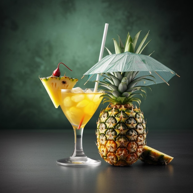 Um abacaxi e uma bebida com um canudo e um canudo