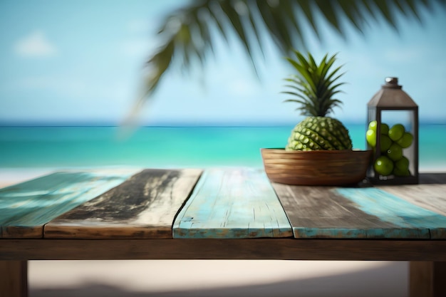 Um abacaxi e uma garrafa de suco estão sobre uma mesa na praia.