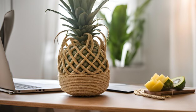 Foto um abacaxi está em uma mesa ao lado de uma banana