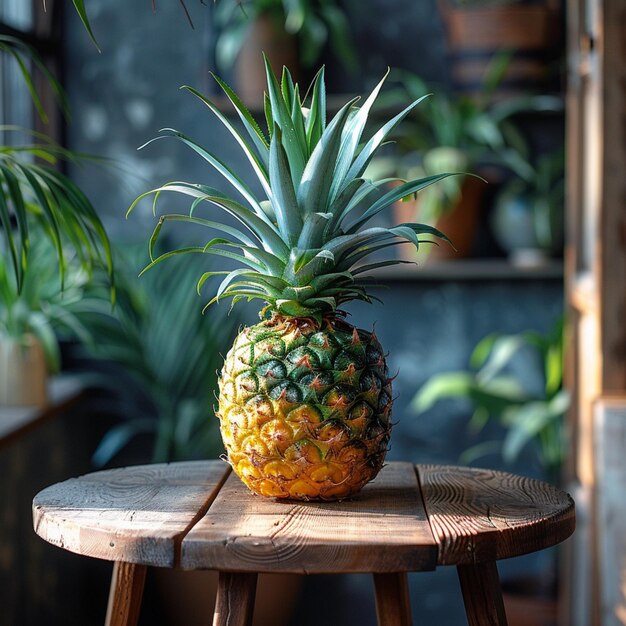 um abacaxi está sentado em uma mesa de madeira em uma casa