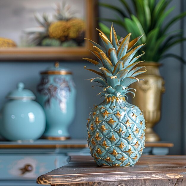 um abacaxi senta-se em uma mesa de madeira na frente de um vaso com uma planta no fundo
