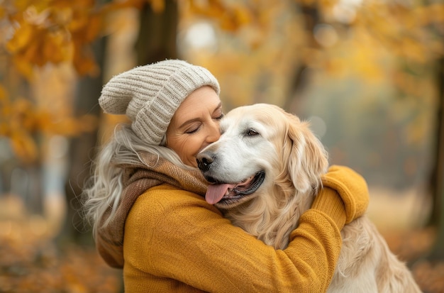 Um abraço alegre no outono Um abraço amoroso de uma mulher com a sua IA generativa Golden Dog