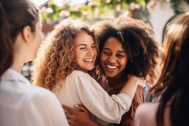 Foto um abraço caloroso de amizade amigos se abraçando e rindo durante uma reunião com um simples e bonito sorriso