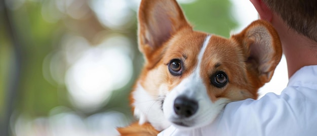 Um abraço caloroso de um Corgi, enquanto uma pessoa segura ternamente o amigo canino alerta