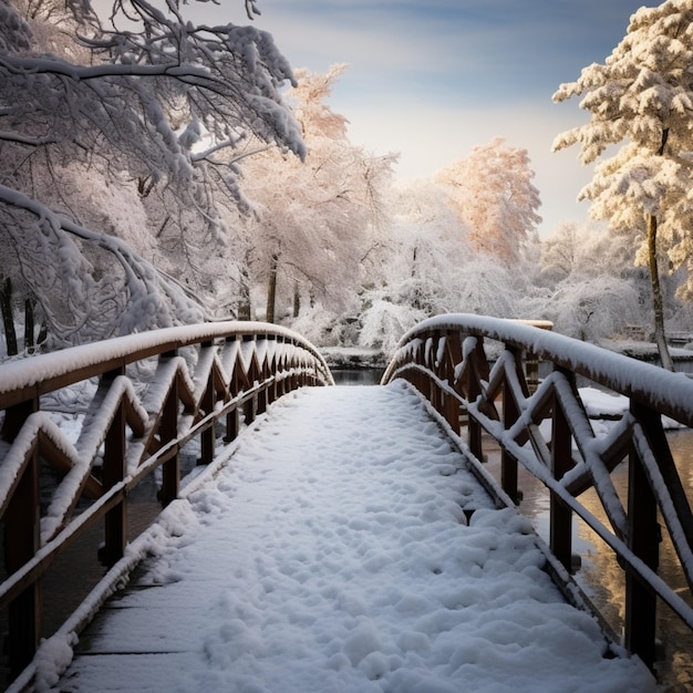 Um abraço nevado para uma charmosa ponte de madeira em um dia de inverno