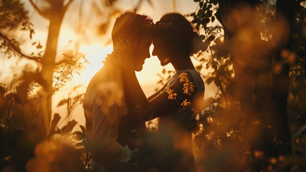 Um abraço no pôr-do-sol entre a natureza para um casal Um casal apaixonado compartilha um abraço íntimo em meio à natureza ao pôr- do-sol cercado pela beleza serena do pôr- Do-sol abraço caloroso