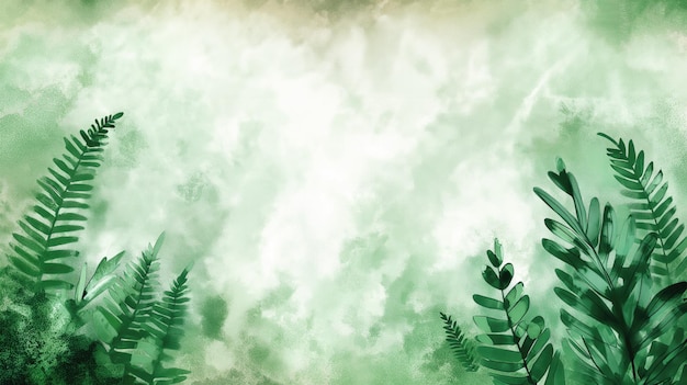 Um abstrato de aquarela suave com padrões de samambaia em tons de verde criando um ambiente natural calmante