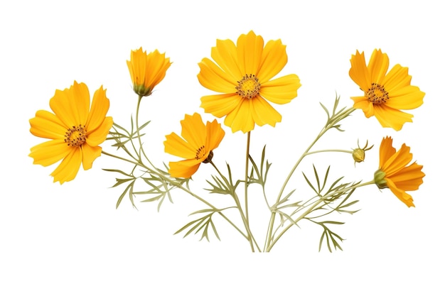 Um abundante buquê de flores amarelas do Cosmos em flor em fundo branco ou PNG transparente