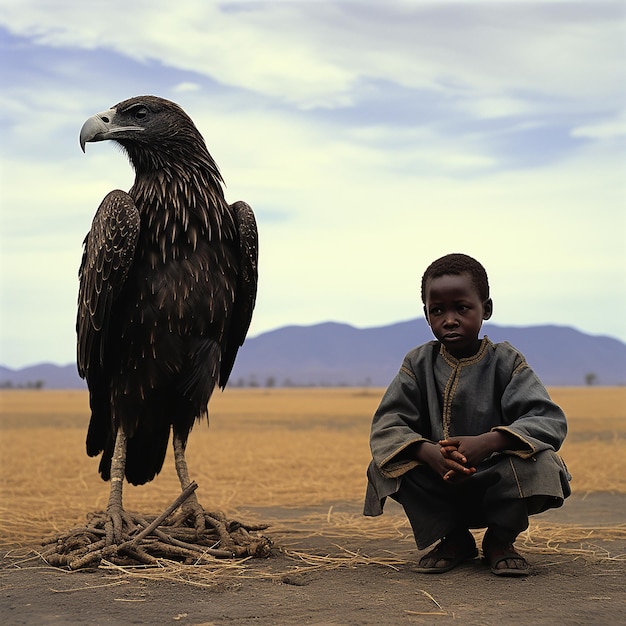 Um abutre perto de um menino.