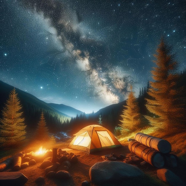 Um acampamento aconchegante sob um céu estrelado no deserto com a Via Láctea claramente visível