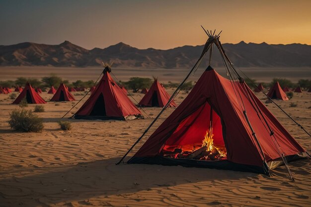 Foto um acampamento com um incêndio no meio