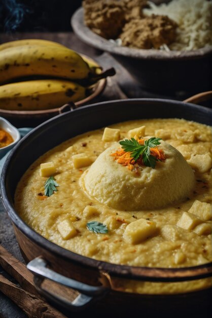 Um acompanhamento amiláceo feito de bananas de mandioca trituradas