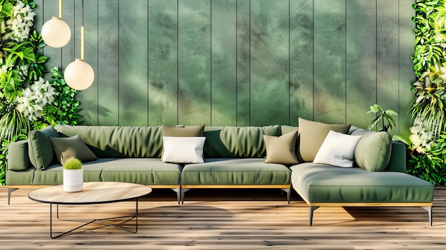 Um aconchegante terraço ao ar livre com um confortável sofá e móveis de madeira perfeitos para relaxar num belo jardim