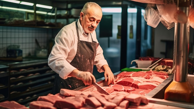 Foto um açougueiro cortando carne