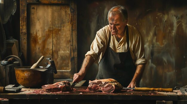 Um açougueiro de avental branco corta um grande pedaço de carne em uma mesa de madeira usando uma faca longa e afiada