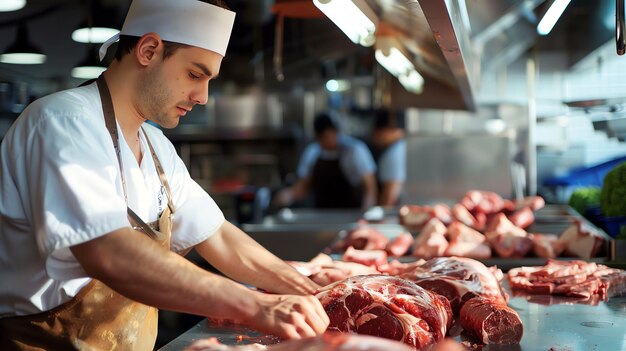 Um açougueiro de avental branco e chapéu está cortando um grande pedaço de carne em uma mesa de aço inoxidável. Ele está usando uma faca afiada e está concentrado em seu trabalho.