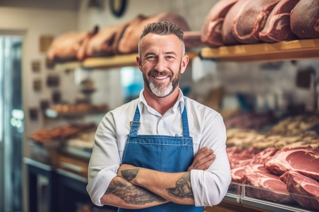 Um açougueiro feliz de pé com os braços cruzados em uma loja de carne moderna