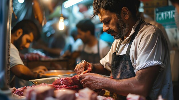 Um açougueiro vestindo um avental branco e um colete preto está cortando um grande pedaço de carne em uma mesa Ele está usando uma faca afiada e está concentrado em seu trabalho