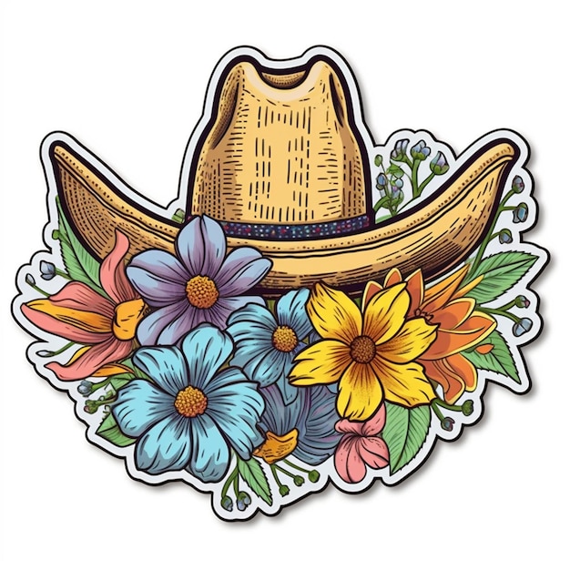 Foto um adesivo com um chapéu de cowboy e flores nele