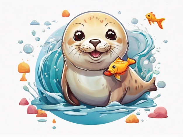 um adesivo de um bebé foca feliz com um peixe