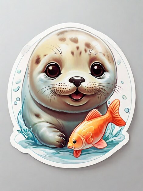Foto um adesivo de um bebé foca feliz com um peixe